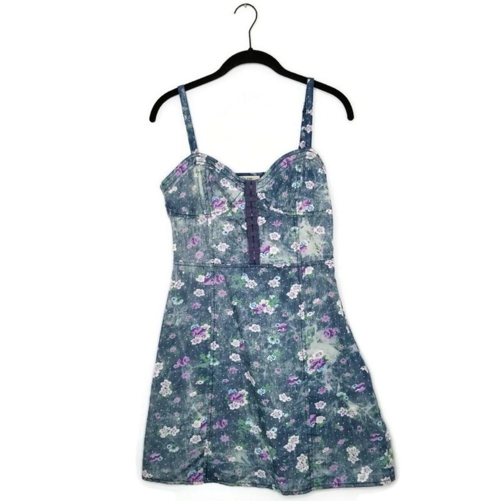 LOLA RAE Blue & White Multicolor Floral Speckled Print Corset Structured Dress S
